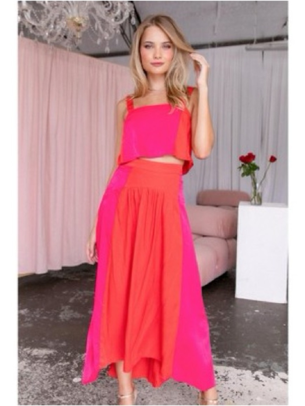 Petal&Pup Red & Pink Set: color block high-low flowy skirt and Cropped Tank Top